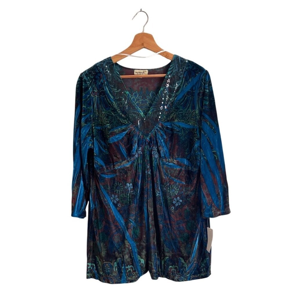 One World Womens 1X Tunic Top Y2K Floral Print Velvet Sequin Stretch Whimsigoth